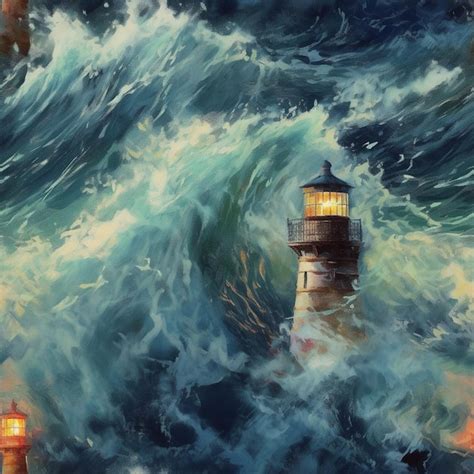 Premium AI Image | Painting of a lighthouse in a storm with a light on ...