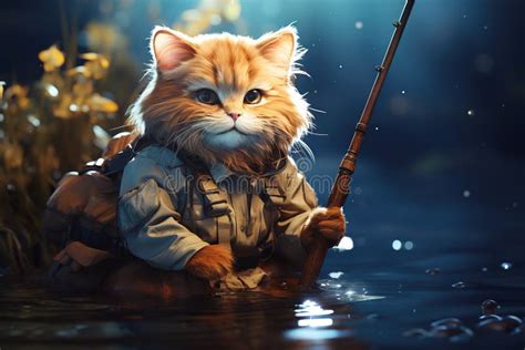 Cartoon Character A Fisherman Cat With A Fishing Rod Catches Fish In A