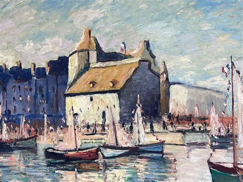 French School - Honfleur Harbour Vintage French Signed Oil Painting framed For Sale at 1stDibs