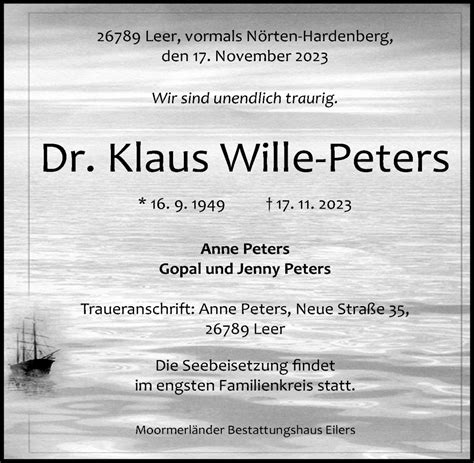 Traueranzeigen Von Klaus Wille Peters Trauer Anzeigen De