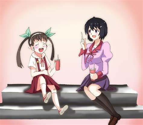 Safebooru Alternate Hairstyle Bakemonogatari Bandaid Black Hair Drink