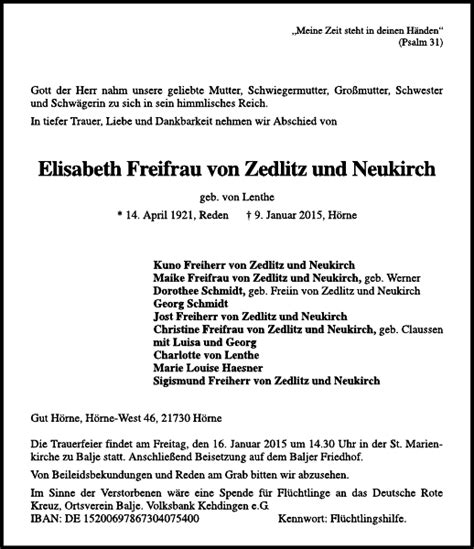 Elisabeth Freifrau Von Zedlitz Und Neukirch Traueranzeige Cuxhavener