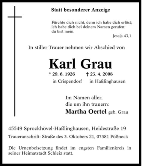 Traueranzeigen Von Karl Grau Trauer In Nrw De