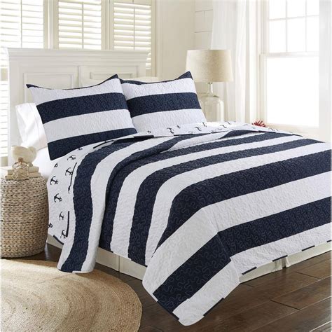 James Home Hallie Nautical Stripe Anchor Reversible 3 Piece Ultra