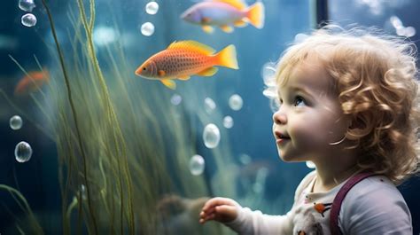 Premium AI Image | baby's first encounter with a colorful fish in an ...