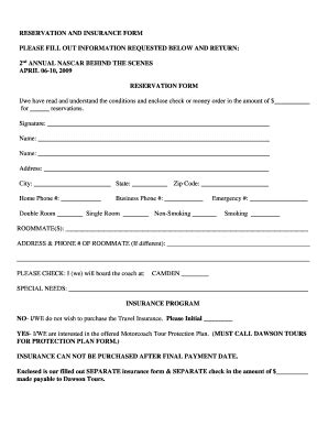 Fillable Online Reservation And Insurance Form Please Fill Out