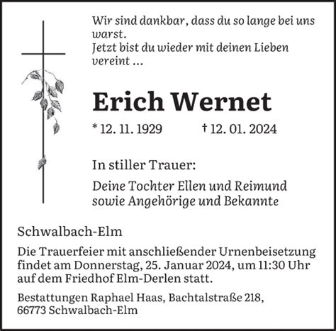 Traueranzeigen Von Erich Wernet Saarbruecker Zeitung Trauer De