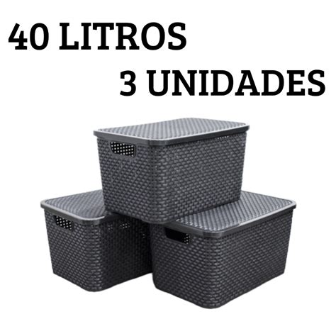 Caixa Organizadora Multiuso Rattan 40 Litros Kit 3 Un Cesto Tampa