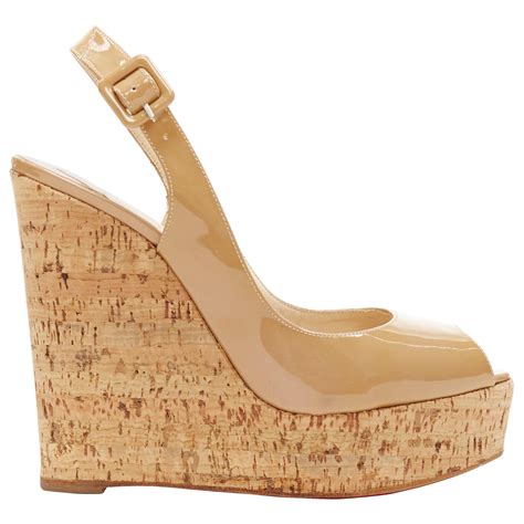 Christian Louboutin Une Plume Sling Nude Patent Cork Wedge Platform