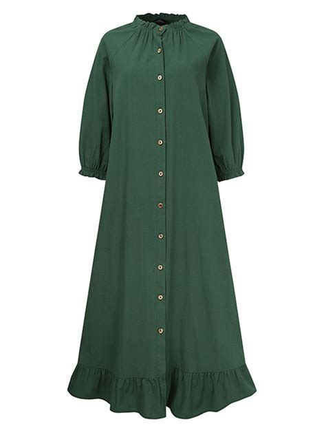 Women Casual Solid Color Puff Sleeve Button Ruffles Hem Shirt Dress