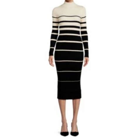 Stitchdrop Black Off White Striped Mock Neck Ribbed Knit Midi Sweater