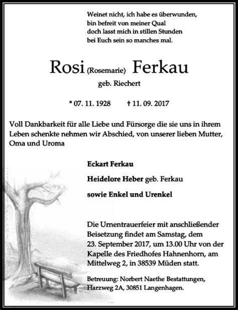 Traueranzeigen Von Rosi Ferkau Trauer Anzeigen De