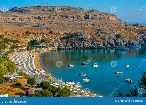 Panorama View Of Lindos Beach At Greek Island Rhodes Stock Image