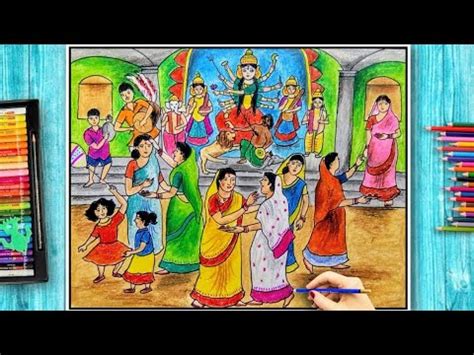 How To Draw Durga Puja Scenery Durga Puja Drawing Competition Durga