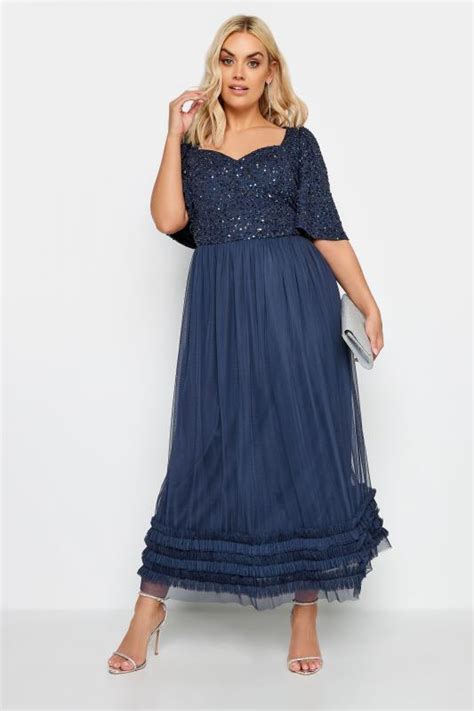 Luxe Plus Size Curve Navy Blue Sequin Sweetheart Ruffle Maxi Dress