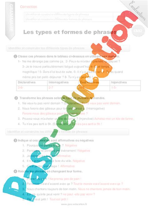 Les Types Et Formes De Phrases Examen Evaluation Bilan Eme