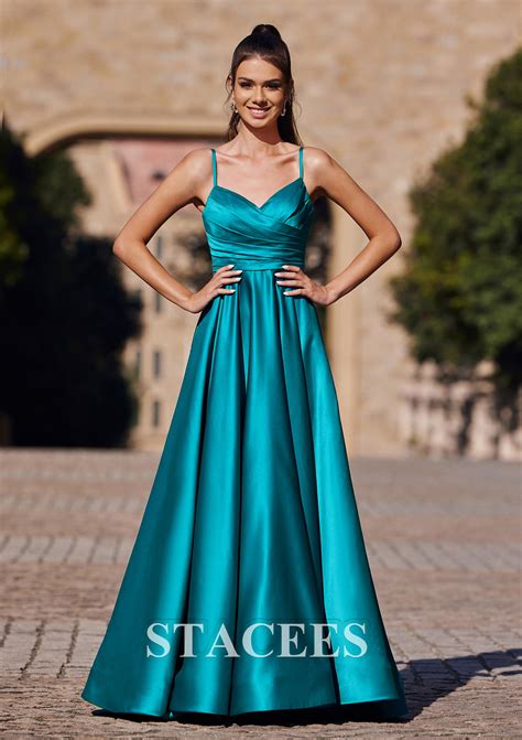 A Line V Neck Sleeveless Floor Length Satin Prom Dress With Pleated