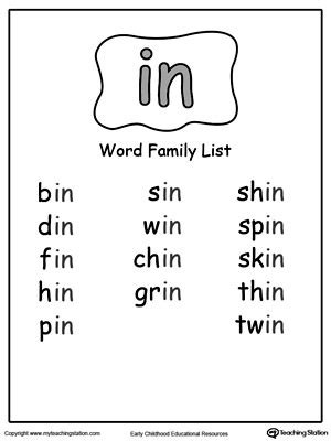 *FREE* IN Word Family List | MyTeachingStation.com