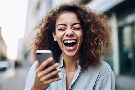 Premium Ai Image Shot Of A Young Woman Laughing While Using Her