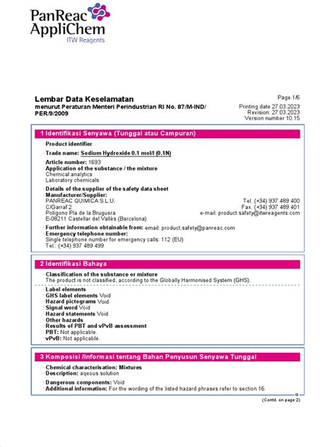 Sodium Hydroxide 0.1 Mol-L (0.1N) TITRATION | PDF | Dangerous Goods | Safety