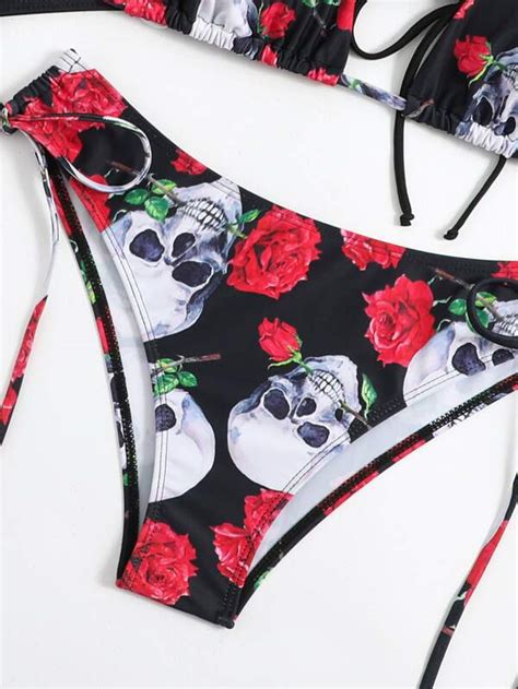 SHEIN Swim HotGoth Conjunto De Bikini Con Estampado Floral Y Esqueleto