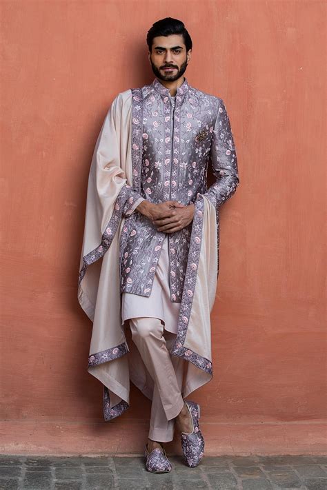 Buy Purple Achkan Taffeta Silk Embroidered Resham Garden Set For Men