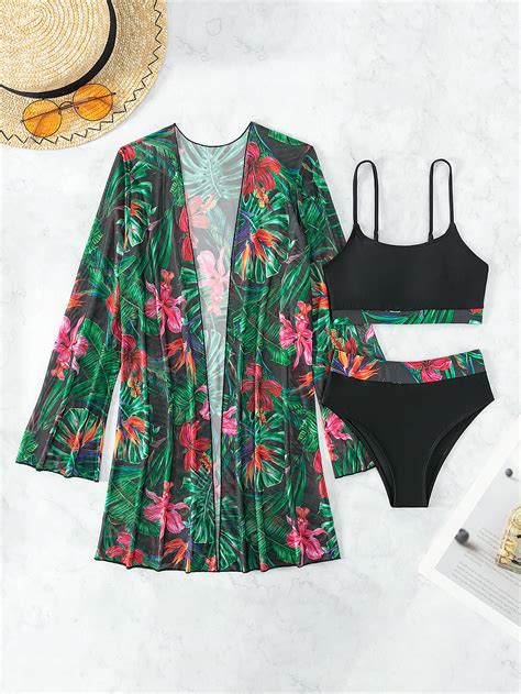 Tropical Print Bikini Swimsuit With Kimono Shein Uk