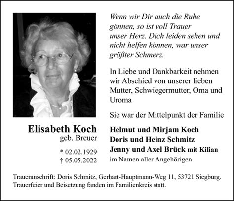 Traueranzeigen Von Elisabeth Koch Wirtrauern