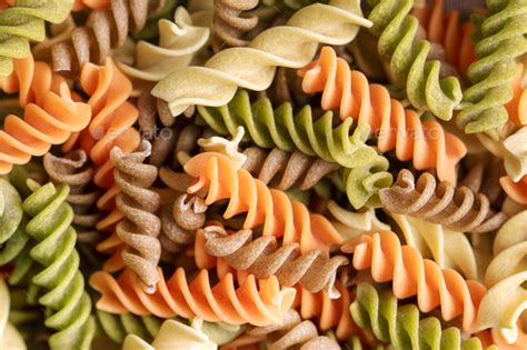 A Variety Of Fusilli Pasta Made From Different Types Of Legumes Stock