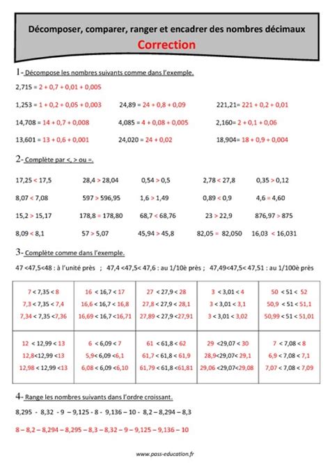 Décomposer Comparer Ranger Et Encadrer Des Nombres Décimaux Cm2 Exercices Pass Education