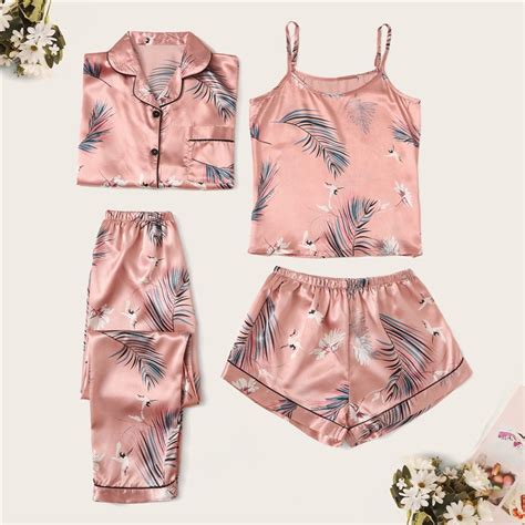 4 Pieces Silk Pajamas Sets For Women Sexy Nightwear Sex Sexy Sling Shorts Long Sleeve Long Pants