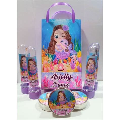 Kit Festa Sereia 60 Itens Personalizado 10 Sacolinhas 10 Tubetes 10