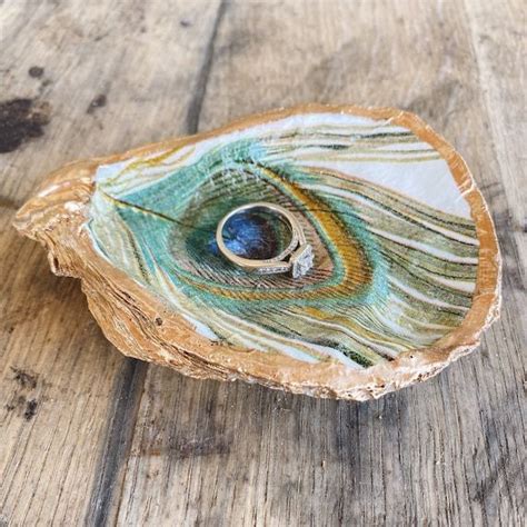 Peacock Oyster Shell Ring Dish Decoupage Gold Leaf Trinket Bowl Gift