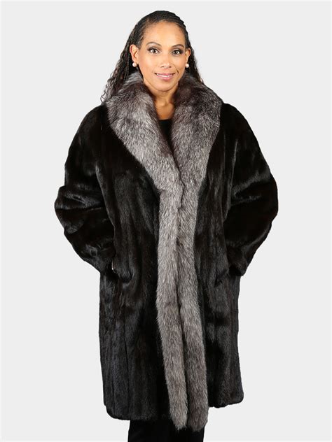 Woman S Natural Ranch Mink Fur Coat With Indigo Fox Tuxedo And