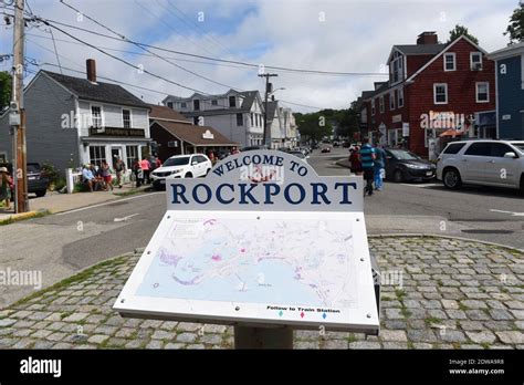 Welcome To Rockport Sign And Map On Dock Square Near Bearskin Neck In Downtown Rockport