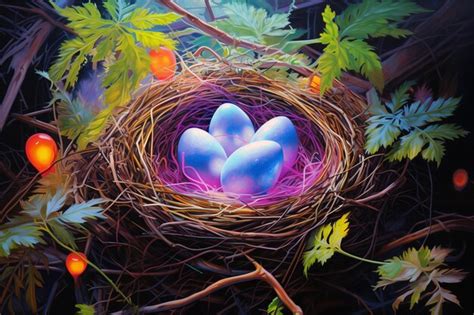 Premium AI Image | A painting of a bird nest with painted eggs neon