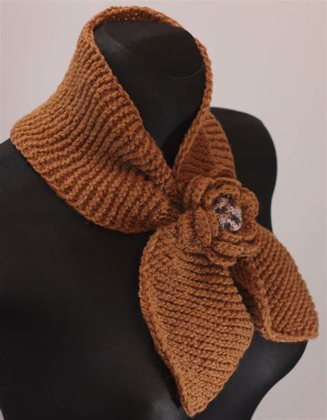 Hand Knit Scarf Short Neck Warmer With Flower Keyhole Scarf Fall