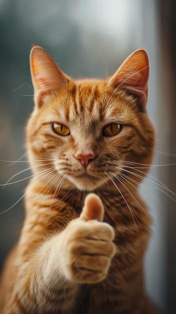 Orange Tabby Cat Giving Thumbs Up Gesture Closeup Positive And Cute