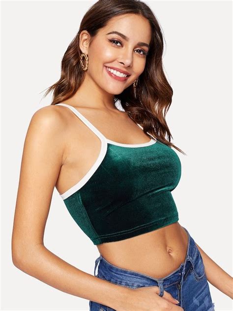 SHEIN Contrast Binding Velvet Crop Cami Top Cami Crop Top Cropped