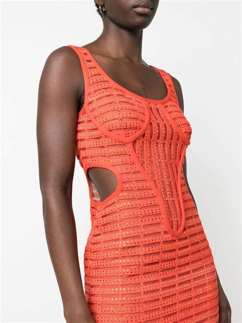 Genny Laser Cut Midi Dress In Orange Modesens