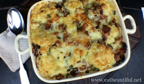 Cauliflower Au Gratin Casserole With Bacon And Mustard Greens Keto Paleo Primal Eat Beautiful