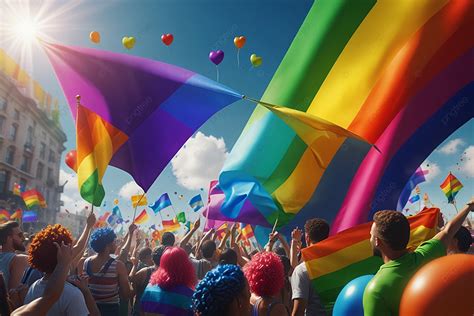 A Diverse Crowd Proudly Holds Rainbow Flags At Parade Celebrating Love