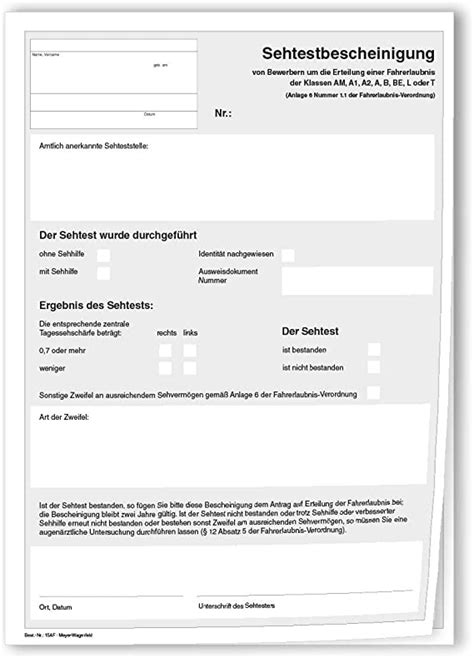 Sehtestbescheinigungen Anlage Nr Der Fahrerlaubnis Verordnung