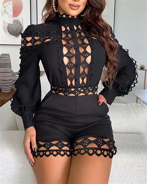 Sexy Hollow Out Playsuits For Women Summer Long Sleeve Skinny Nightclub