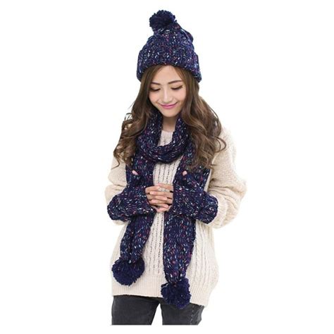 Women's Winter Warm Knitted Hat/Scarf/Gloves Set Clold Weather 3pcs ...