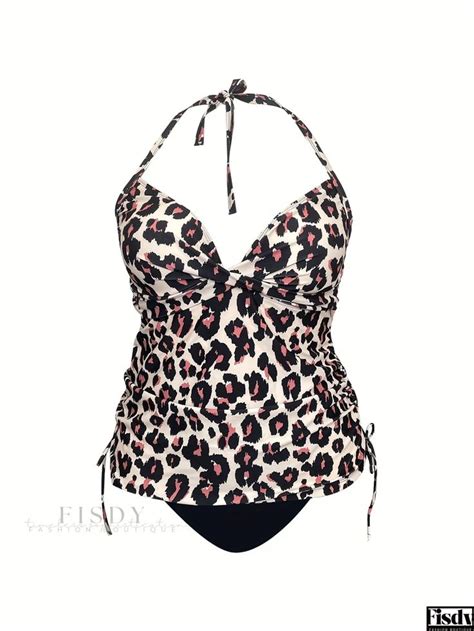 Fisdy Womens Plus Size Casual Leopard Print Tankini Set With Twist