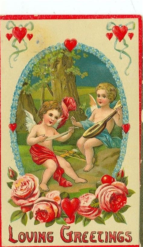 VINTAGE VALENTINE GREETING CUPIDS FOLK ART STRINGED INSTRUMENT 1910