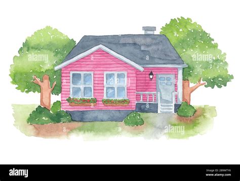 Pink american house watercolor drawing, isolated on white Stock Photo ...