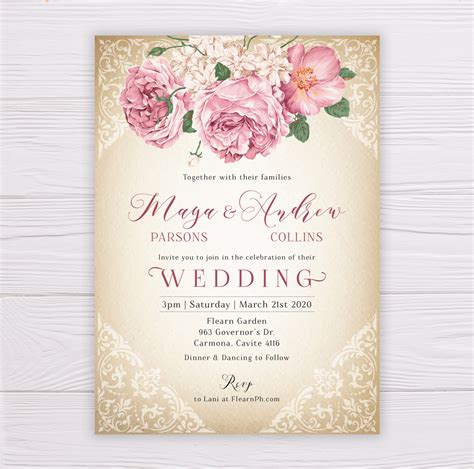 Rustic Wedding Invitation – Old Rose Flowers & Lace – Dgtally