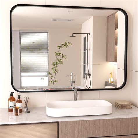 Voobang 20 X 28 Inch Bathroom Mirror Black Frame Mirror For Wall Modern Round Corner Wall